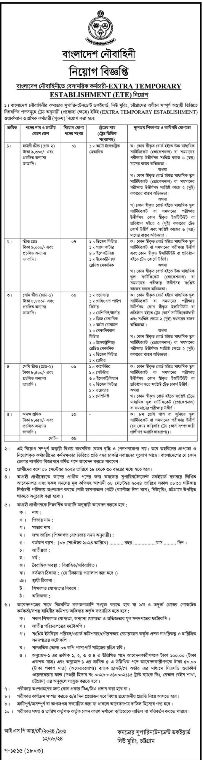 Bangladesh Navy Job Civil Circular 2024